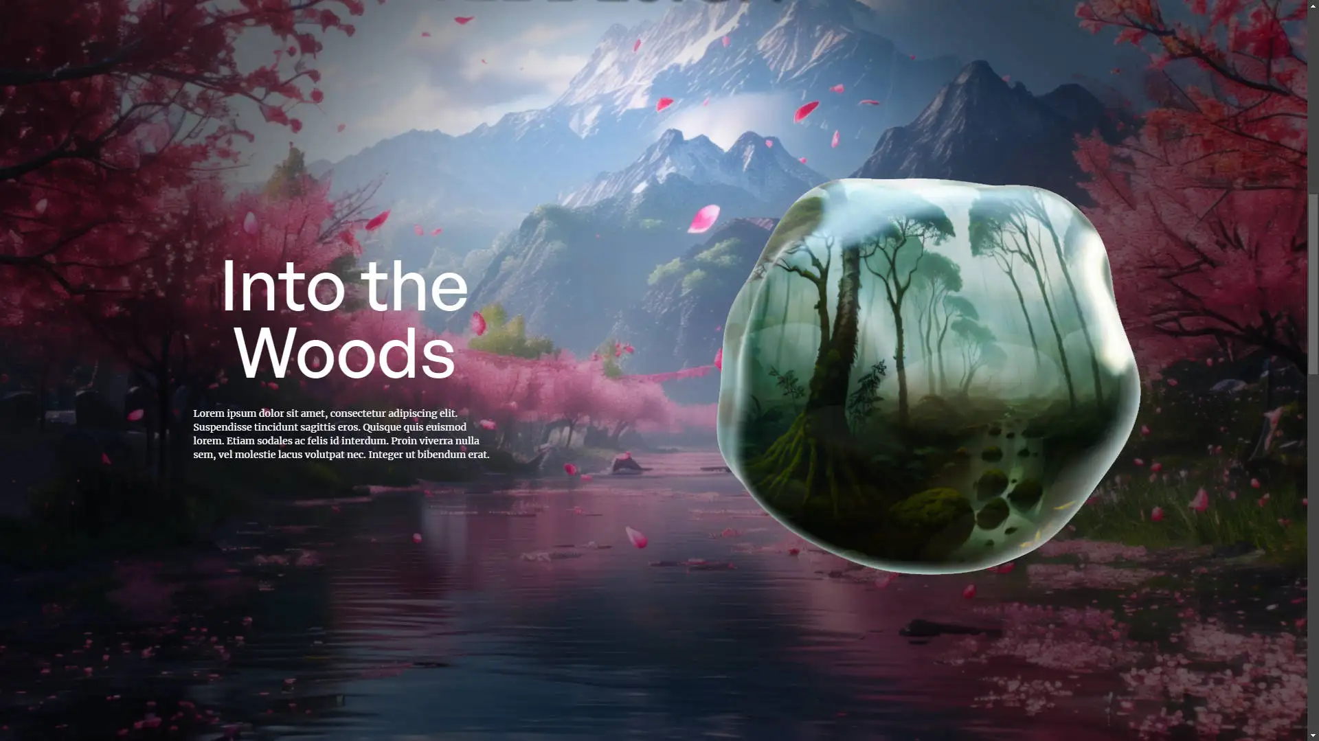 Interactive 3D gallery featuring a wolf, an astronaut cat in an orange spacesuit, and a serene mountain landscape.