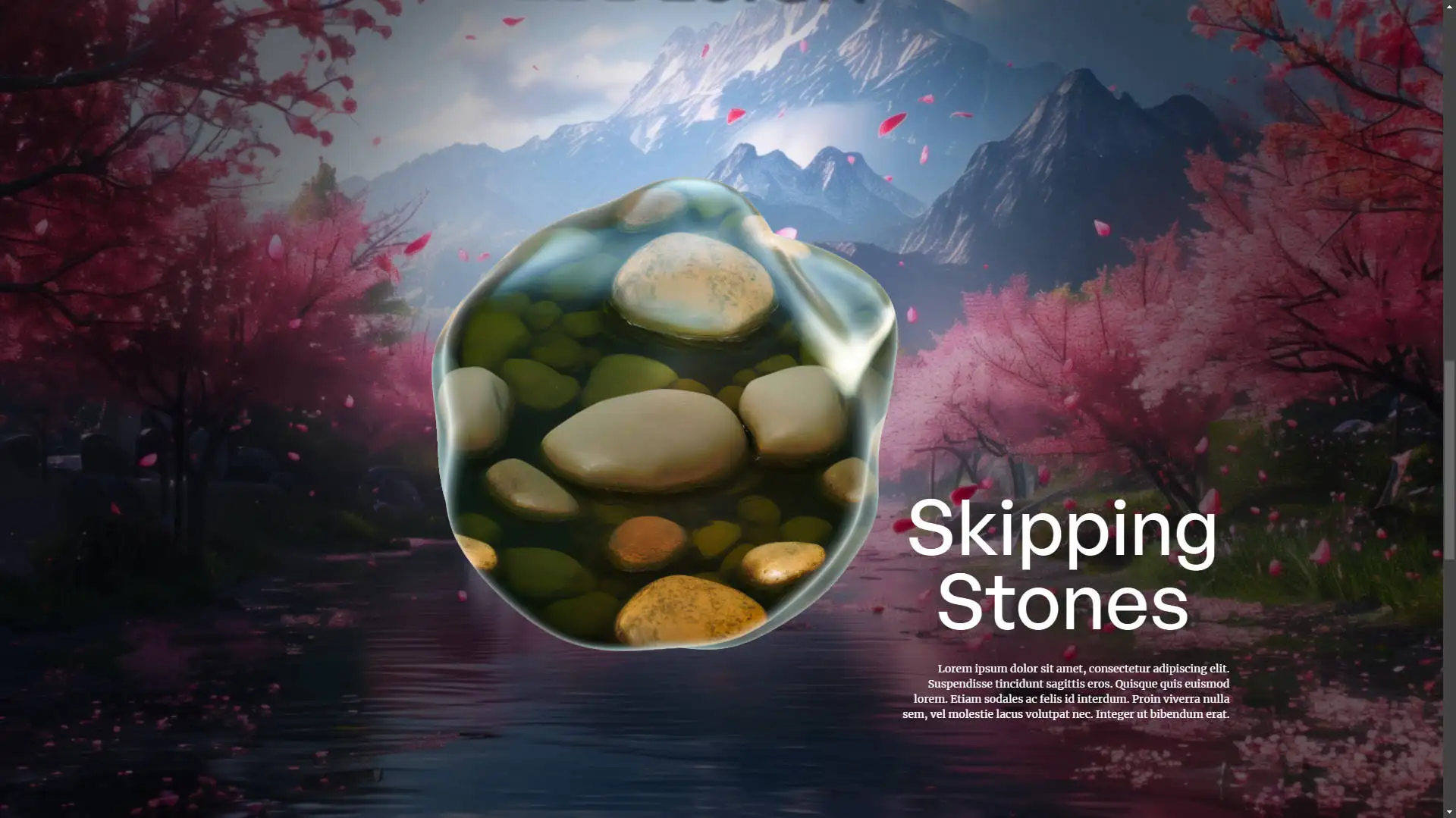 Interactive 3D gallery featuring a wolf, an astronaut cat in an orange spacesuit, and a serene mountain landscape.