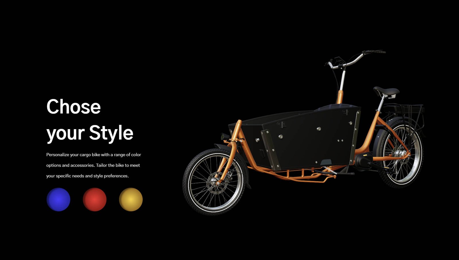 Cargo bike with safety belts, suspended bench seat, and large box for small passengers.
